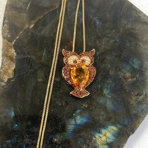 Gold Vermeil Sterling Silver 925 Brown Orange Rhinestone Owl Pendant Necklace